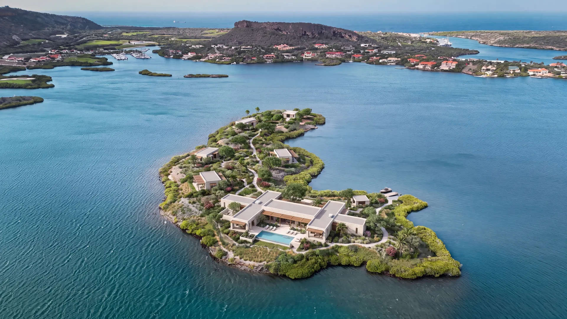 Illustrative family-compound concept for Isla di Yerba showing one principal low-rise home, small family pavilions, a main pool, garden paths and a conceptual shared arrival landing. An illustration only, not an approved site plan.