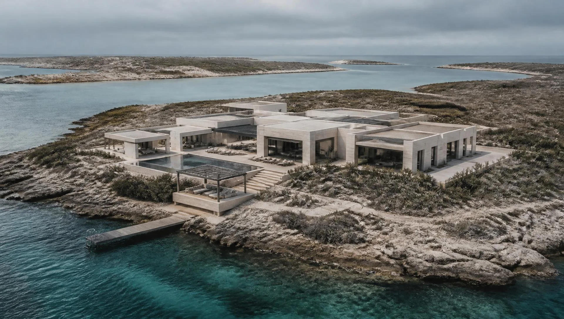 Architectural mood reference: a restrained limestone private compound on a low arid island. Not Isla di Yerba.